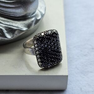 Designer FAS Sterling Silver Black and Clear Cubic Zirconia Cocktail Ring SZ 6.5